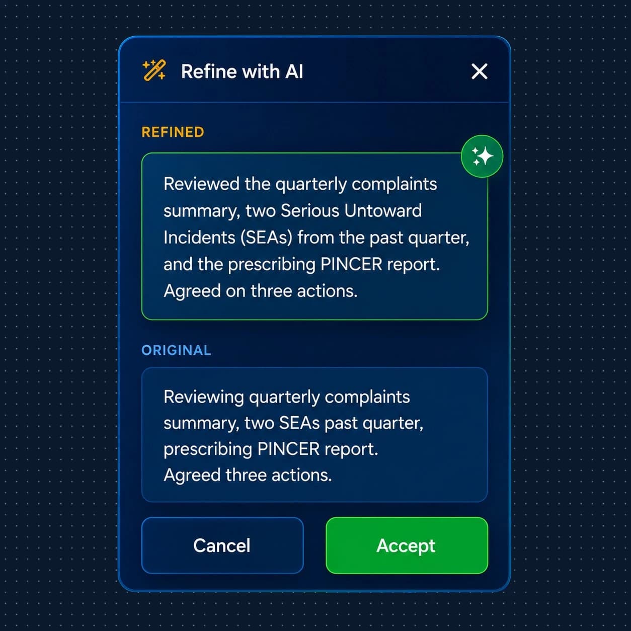 Refine with AI dialog showing original and refined text
