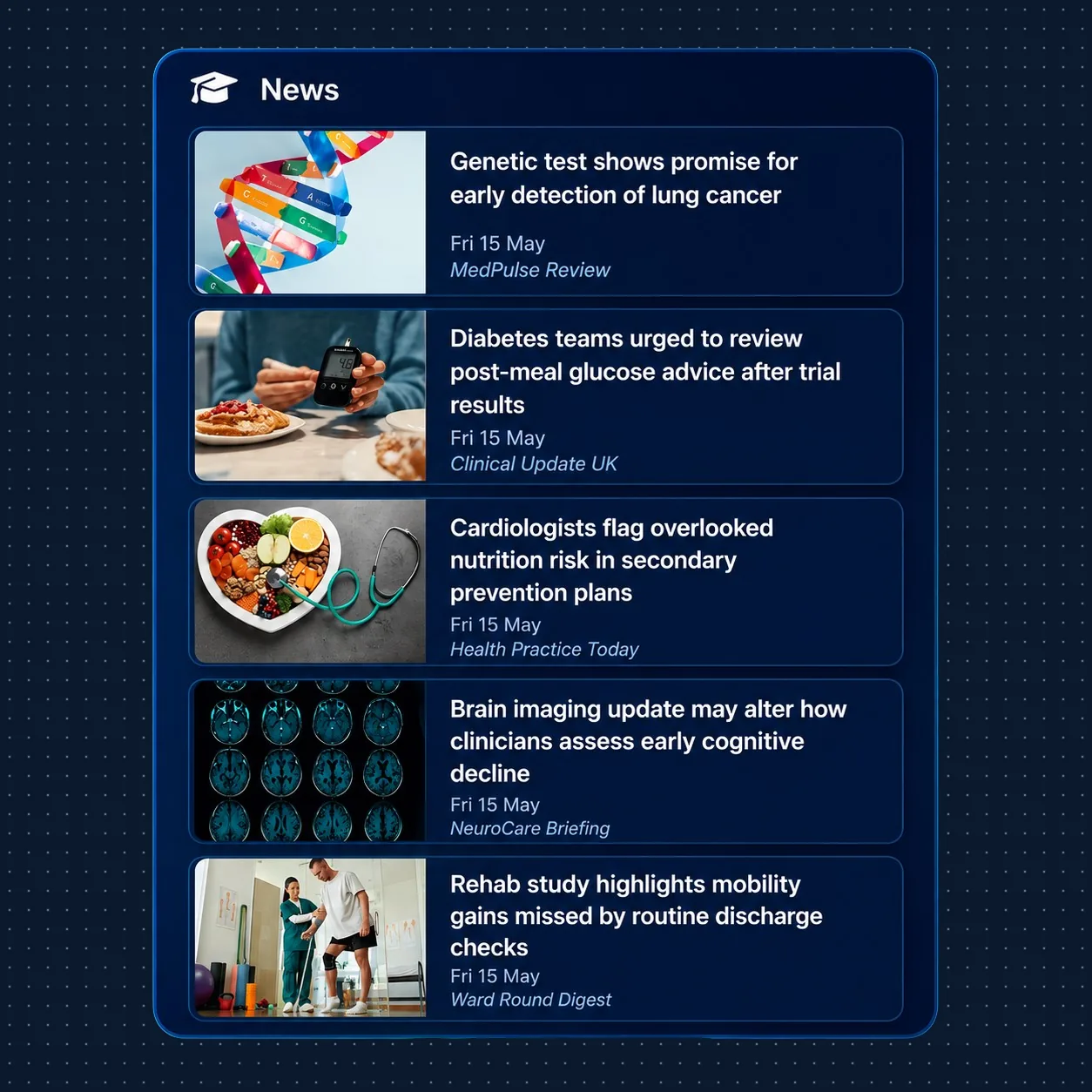 Latest News feed with categorised health stories